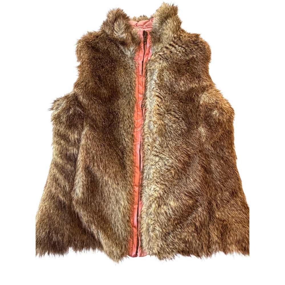 Gap Kids‎ Faux Fur Vest XXL 14-16 Brown Pink Shaggy Zip Up Quilted HOL'07 303592